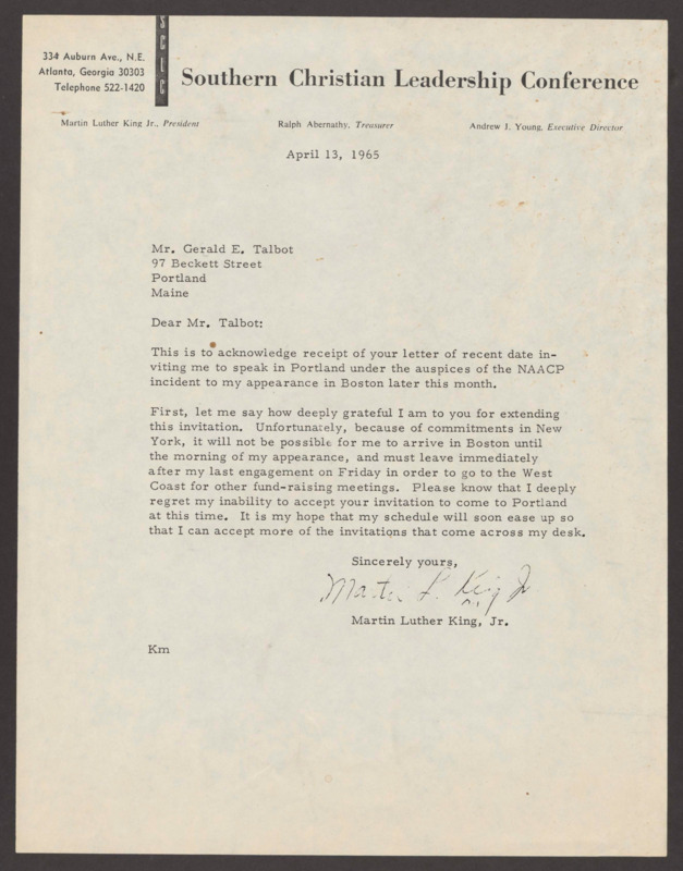 Letter to Gerald Talbot from Rev. Dr. Martin Luther King Jr.