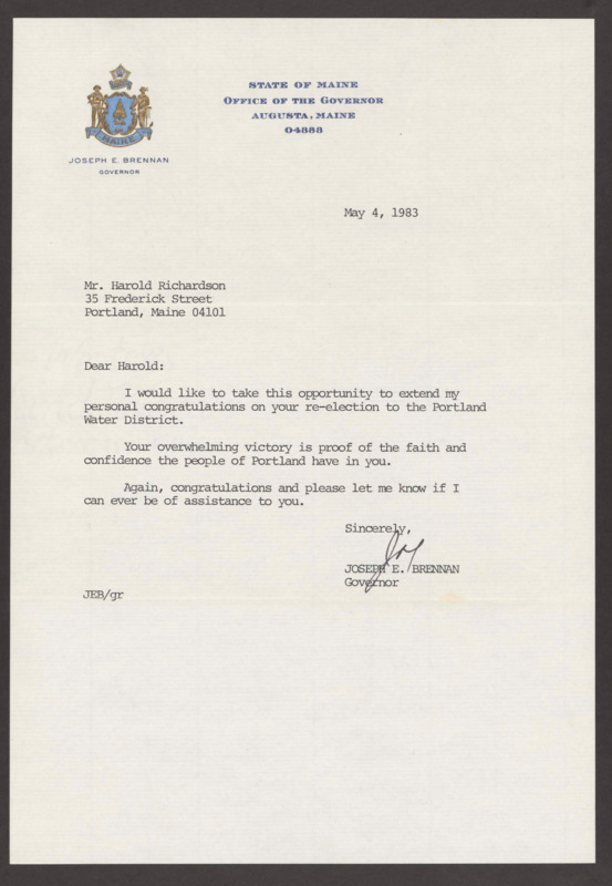 Letter to Harold Richardson from Gov. Joseph E. Brennan (May 4, 1983)