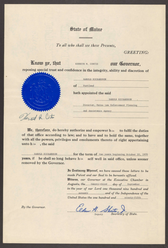 Certificate from Gov. Kenneth Curtis to Harold Richardson for appointment to Director of Maine Law Enforcement Planning and Assistance Agency (September 23, 1970)