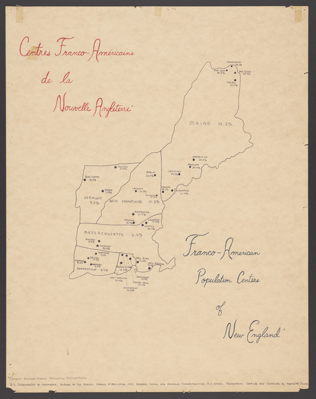 Large, hand-drawn map depicting French language speakers in New England, created by Madeleine Giguere, using information from the 1970 census. Population centers such as Lowell, Lewiston, and Woonsocket are listed.