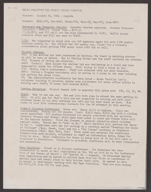 Although Reckitt would move to Washington in 1984 to become executive vice president of National Organization of Women in Washington, D.C., there was now a network of shelters pooling resources to address battered women, rape, lobbying FEMA for funds, hosting conferences, and setting shelter standards.