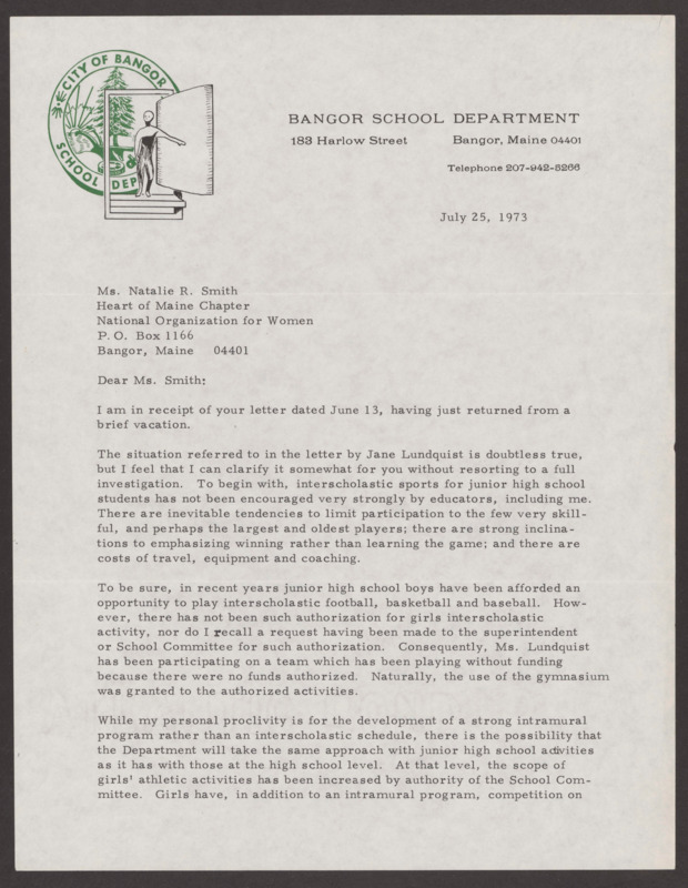 Reckitt had founded the Maine chapter of NOW in 1973 and this letter is the response to NOW's concern that female interscholastic sports are not supported at the same level as as male sports.