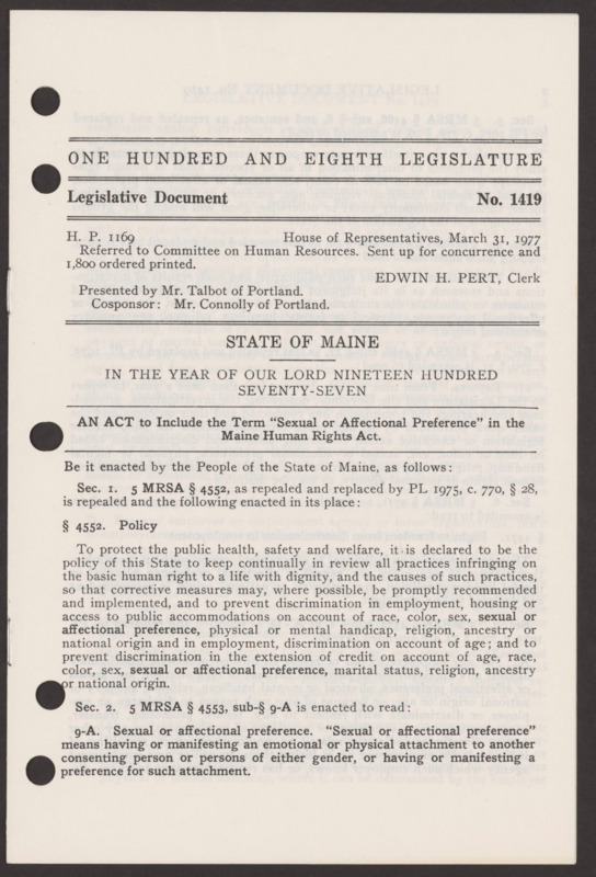 Right next to the materials for the February 9, 1985 NOW meeting, Reckitt kept a copy of draft Maine legislation. Such legislation would not pass in Maine until 2005. 