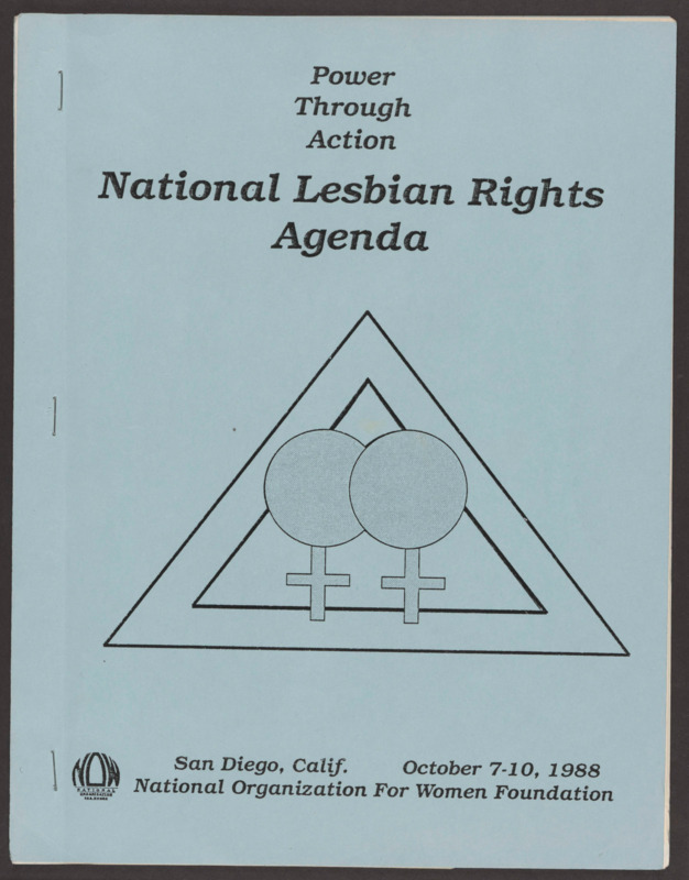 The National Lesbian Rights Conference was sponsored by NOW. Reckitt made notes throughout the agenda, but her annotations on pages 6 and 7 show her steady commitment to ERA, lesbian and gay rights, and helping all women.