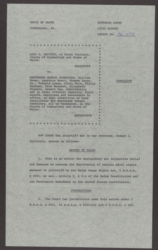 Reckitt, who served as the swimming director at the Portland YMCA from 1970-1979, was suing Westbrook for choosing a less qualified male candidate the the position of pool director for the Junior High School.