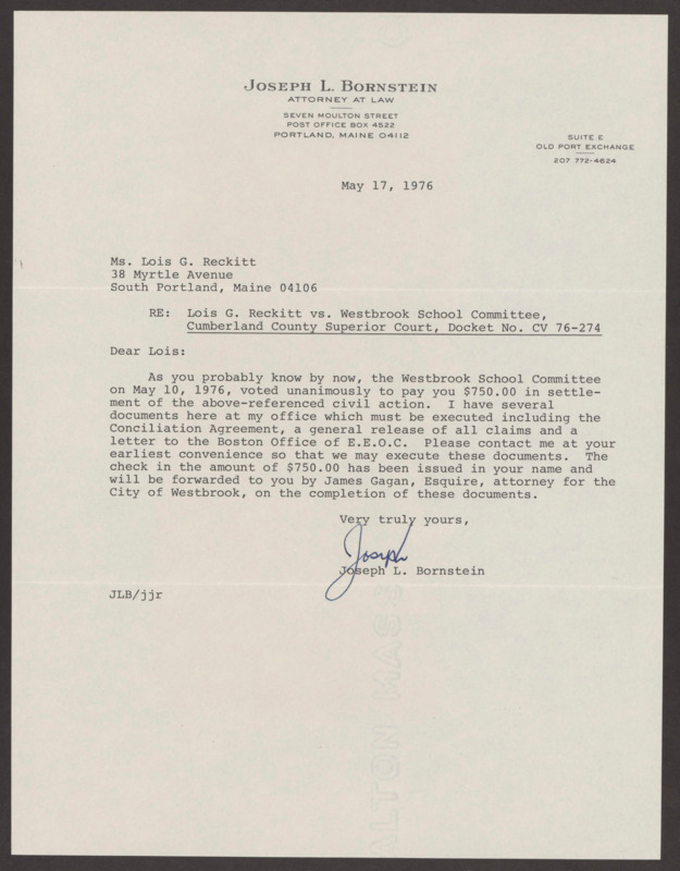 Formal notification that the Westbrook School Board voted unanimously to pay Reckitt damages. Reckitt pursed social reform through her work with NOW and through the courts.